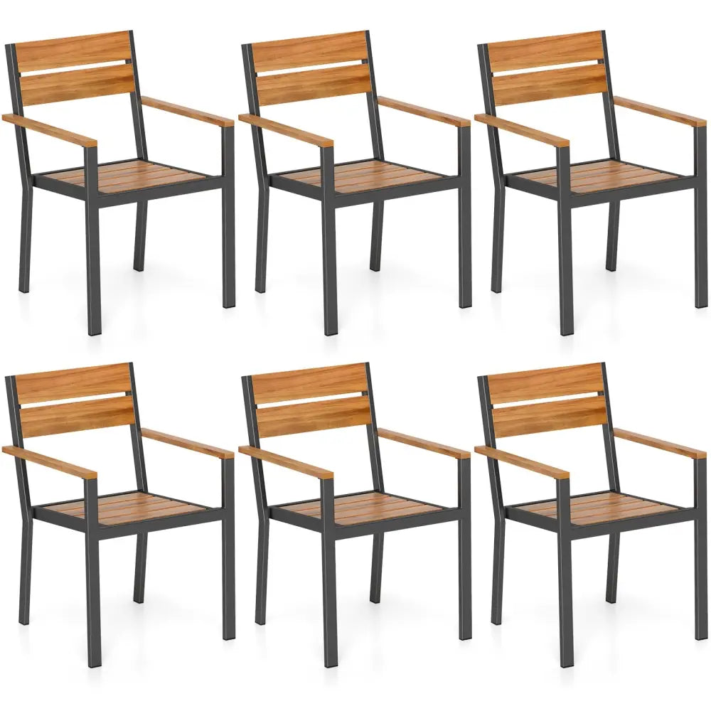 Outside Patio Dining Chair set of 6 with Acacia Armrest for Backyard Garden - Brown - Patio Dining Chairs