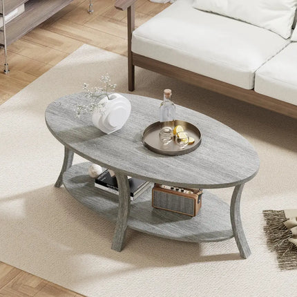 Oval Coffee Table 2-Tier Center Table with Storage Shelf-Gray - Gray - Coffee Tables
