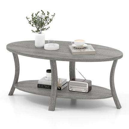 Oval Coffee Table 2-Tier Center Table with Storage Shelf-Gray - Gray - Coffee Tables