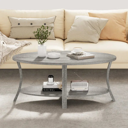 Oval Coffee Table 2-Tier Center Table with Storage Shelf-Gray - Gray - Coffee Tables