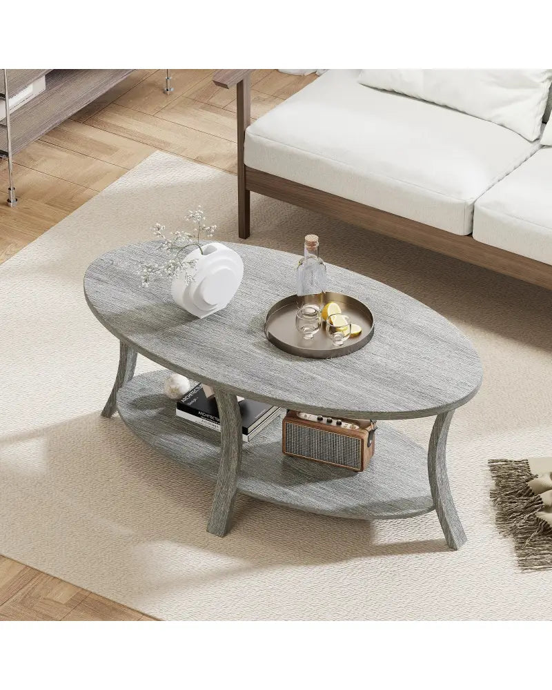 Oval Coffee Table 2-Tier Center Table with Storage Shelf-Gray - Gray - Coffee Tables
