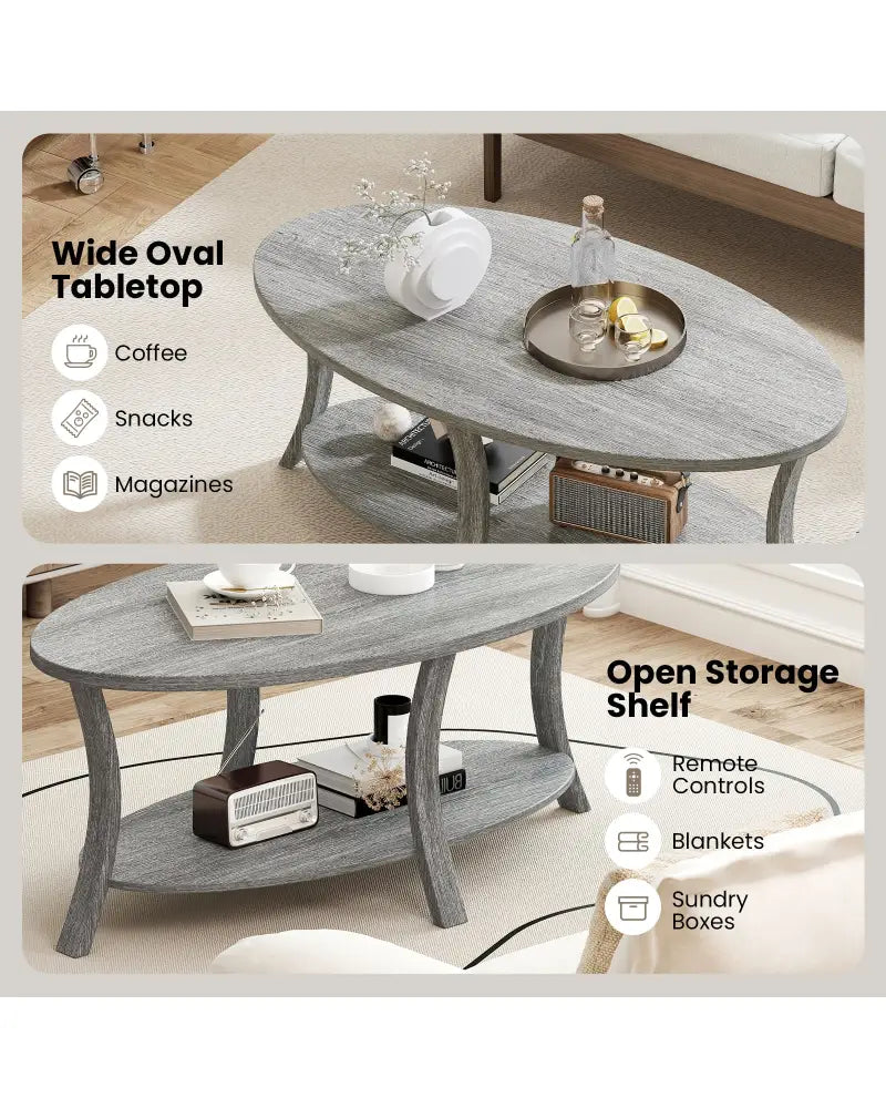 Oval Coffee Table 2-Tier Center Table with Storage Shelf-Gray - Gray - Coffee Tables