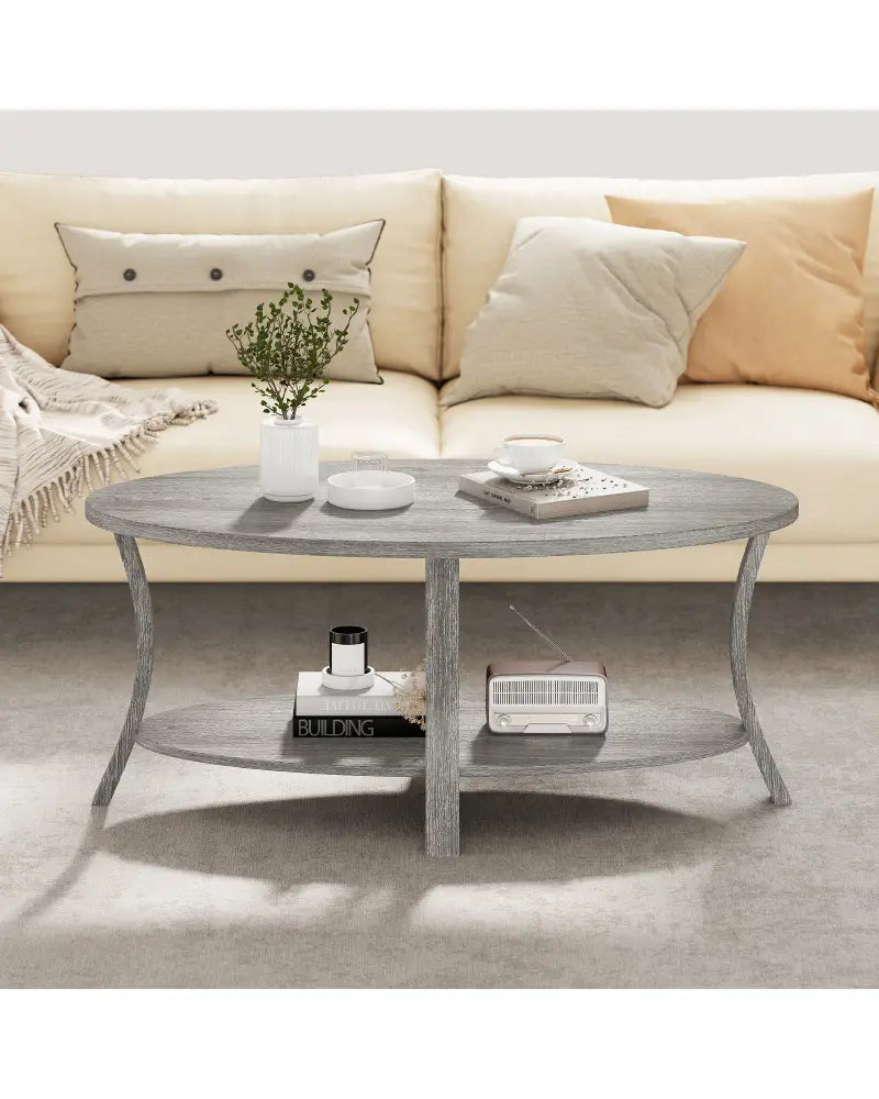 Oval Coffee Table 2-Tier Center Table with Storage Shelf-Gray - Gray - Coffee Tables