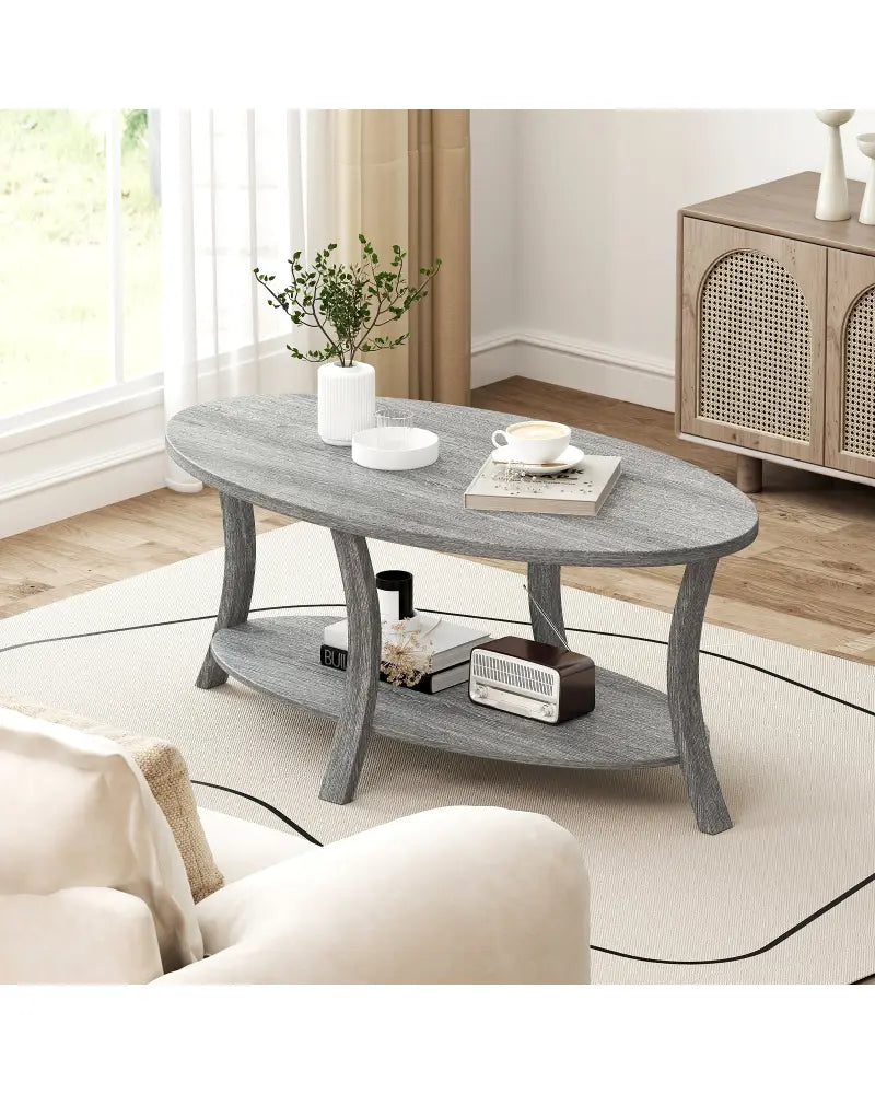 Oval Coffee Table 2-Tier Center Table with Storage Shelf-Gray - Gray - Coffee Tables