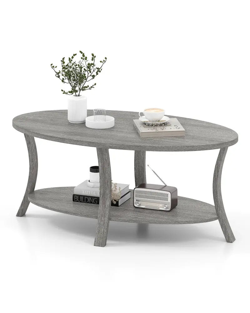 Oval Coffee Table 2-Tier Center Table with Storage Shelf-Gray - Gray - Coffee Tables