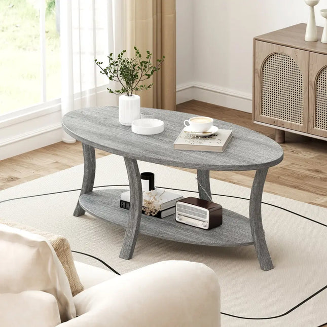 Oval Coffee Table 2-Tier Center Table with Storage Shelf-Gray - Gray - Coffee Tables