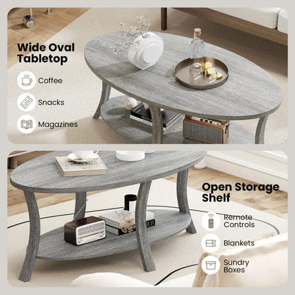 Oval Coffee Table 2-Tier Center Table with Storage Shelf-Gray - Gray - Coffee Tables