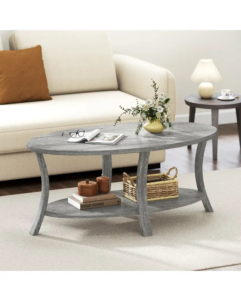 Oval Coffee Table 2-Tier Center Table with Storage Shelf-Gray - Gray - Coffee Tables