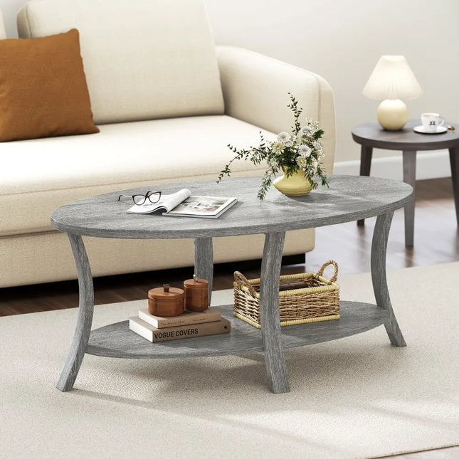 Oval Coffee Table 2-Tier Center Table with Storage Shelf-Gray - Gray - Coffee Tables