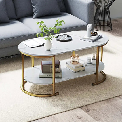 Oval Coffee Table 2-Tier Wooden Accent Table with Spacious Tabletop and Open Storage Shelf-White - White - Coffee Tables
