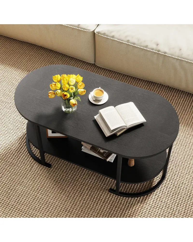 Oval Coffee Table 2-Tier Wooden Accent Table with Spacious Tabletop and Open Storage Shelf-Black - Black - Coffee Tables