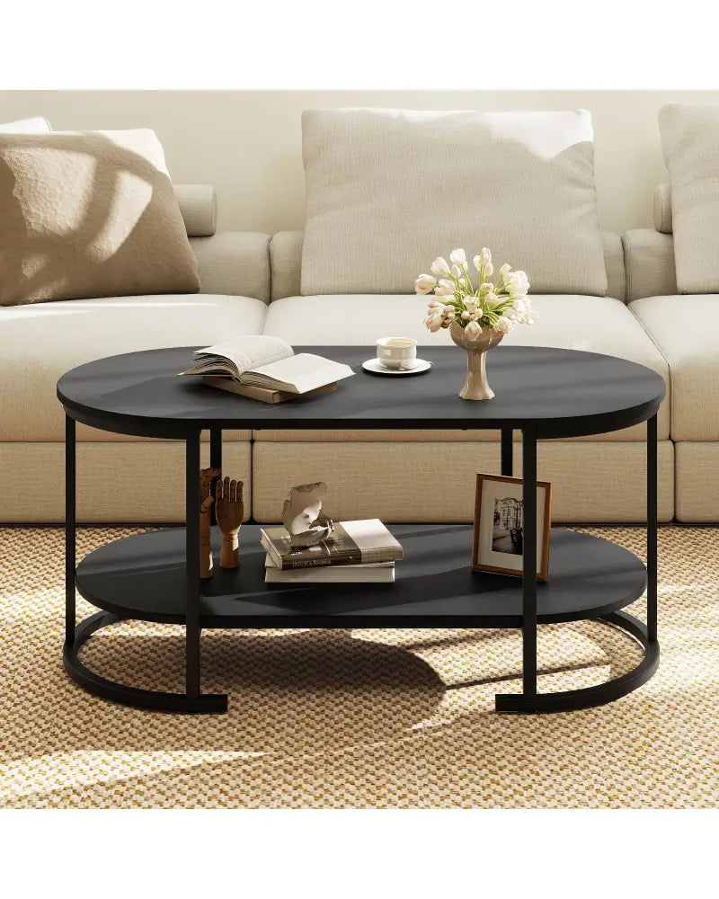 Oval Coffee Table 2-Tier Wooden Accent Table with Spacious Tabletop and Open Storage Shelf-Black - Black - Coffee Tables