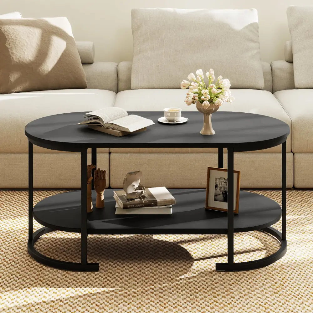 Oval Coffee Table 2-Tier Wooden Accent Table with Spacious Tabletop and Open Storage Shelf-Black - Black - Coffee Tables