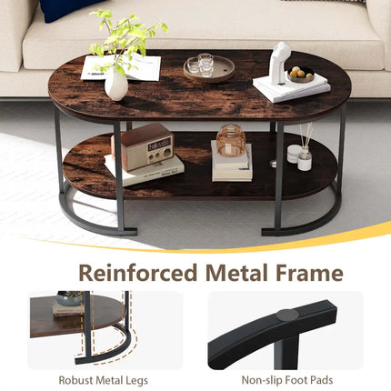 Oval Coffee Table 2-Tier Wooden Accent Table with Spacious Tabletop and Open Storage Shelf-Rustic Brown - Rustic Brown