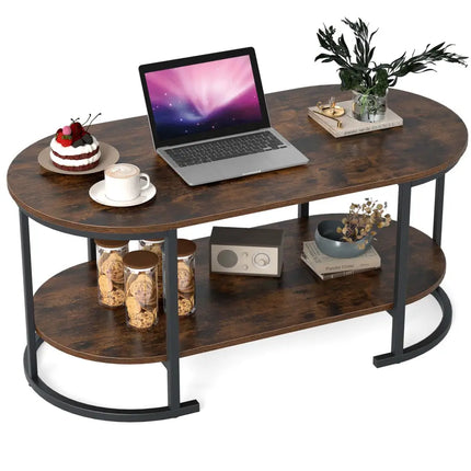 Oval Coffee Table 2-Tier Wooden Accent Table with Spacious Tabletop and Open Storage Shelf-Rustic Brown - Rustic Brown