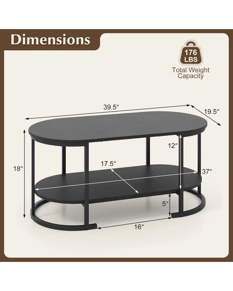 Oval Coffee Table 2-Tier Wooden Accent Table with Spacious Tabletop and Open Storage Shelf-Black - Black - Coffee Tables