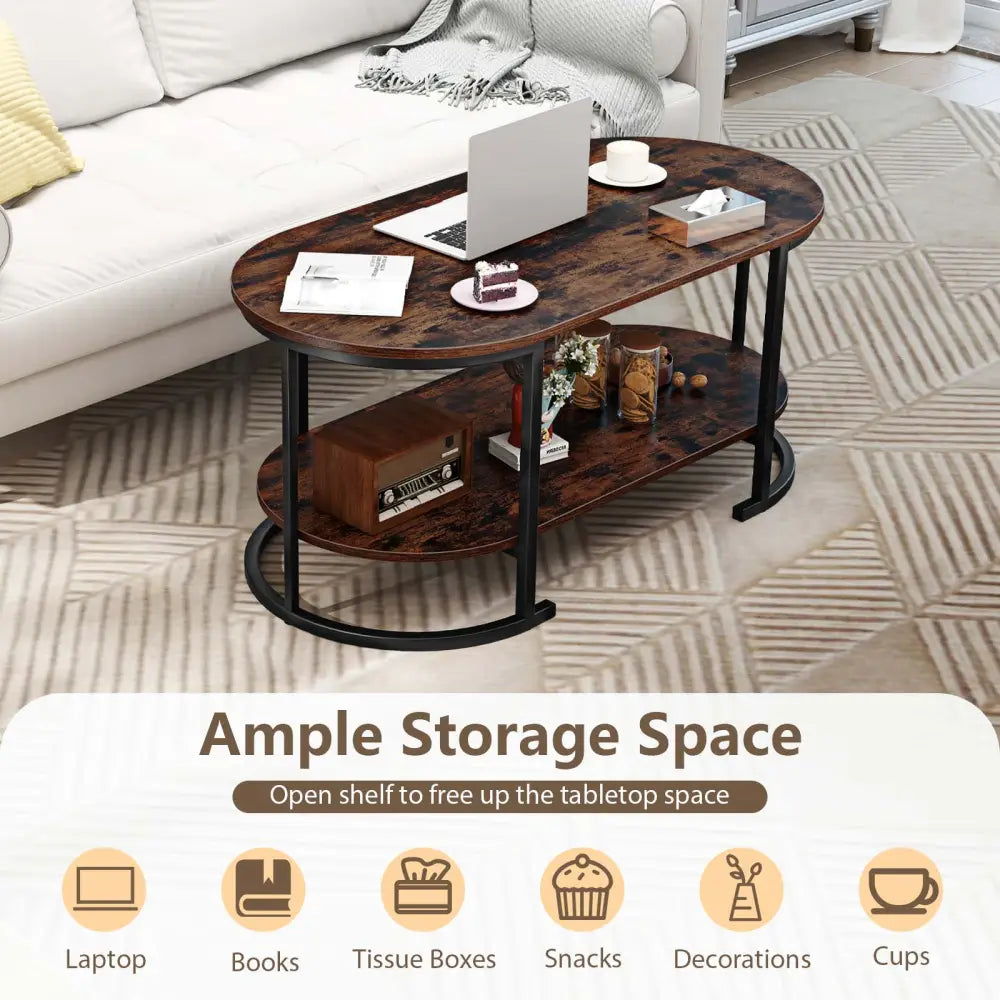 Oval Coffee Table 2-Tier Wooden Accent Table with Spacious Tabletop and Open Storage Shelf-Rustic Brown - Rustic Brown