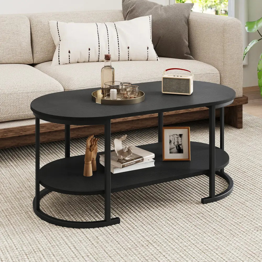 Oval Coffee Table 2-Tier Wooden Accent Table with Spacious Tabletop and Open Storage Shelf-Black - Black - Coffee Tables