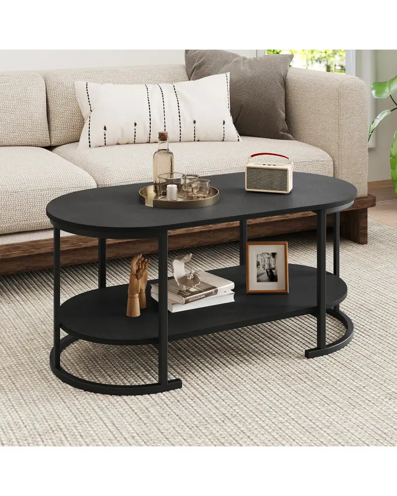 Oval Coffee Table 2-Tier Wooden Accent Table with Spacious Tabletop and Open Storage Shelf-Black - Black - Coffee Tables