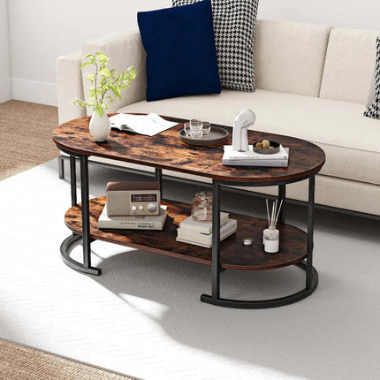 Oval Coffee Table 2-Tier Wooden Accent Table with Spacious Tabletop and Open Storage Shelf-Rustic Brown - Rustic Brown