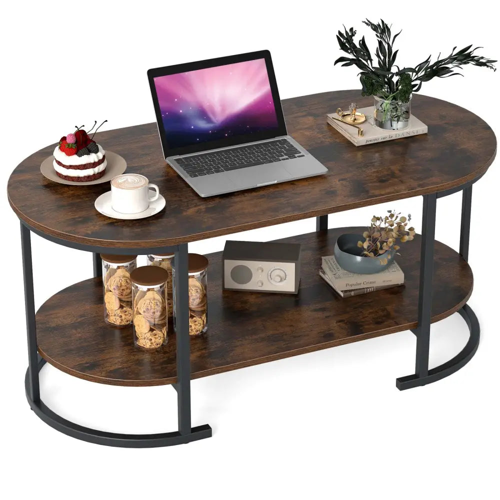 Oval Coffee Table 2-Tier Wooden Accent Table with Spacious Tabletop and Open Storage Shelf-Rustic Brown - Rustic Brown