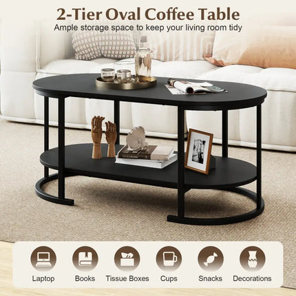 Oval Coffee Table 2-Tier Wooden Accent Table with Spacious Tabletop and Open Storage Shelf-Black - Black - Coffee Tables