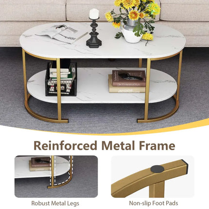 Oval Coffee Table 2-Tier Wooden Accent Table with Spacious Tabletop and Open Storage Shelf-White - White - Coffee Tables