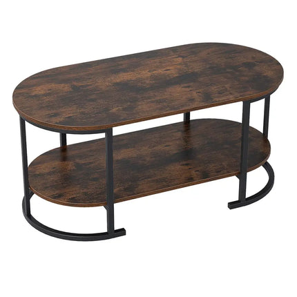 Oval Coffee Table 2-Tier Wooden Accent Table with Spacious Tabletop and Open Storage Shelf-Rustic Brown - Rustic Brown