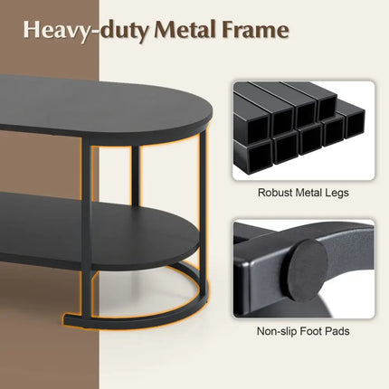 Oval Coffee Table 2-Tier Wooden Accent Table with Spacious Tabletop and Open Storage Shelf-Black - Black - Coffee Tables
