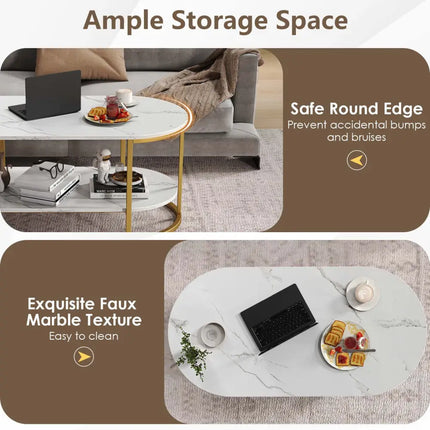 Oval Coffee Table 2-Tier Wooden Accent Table with Spacious Tabletop and Open Storage Shelf-White - White - Coffee Tables