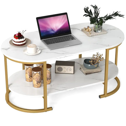 Oval Coffee Table 2-Tier Wooden Accent Table with Spacious Tabletop and Open Storage Shelf-White - White - Coffee Tables