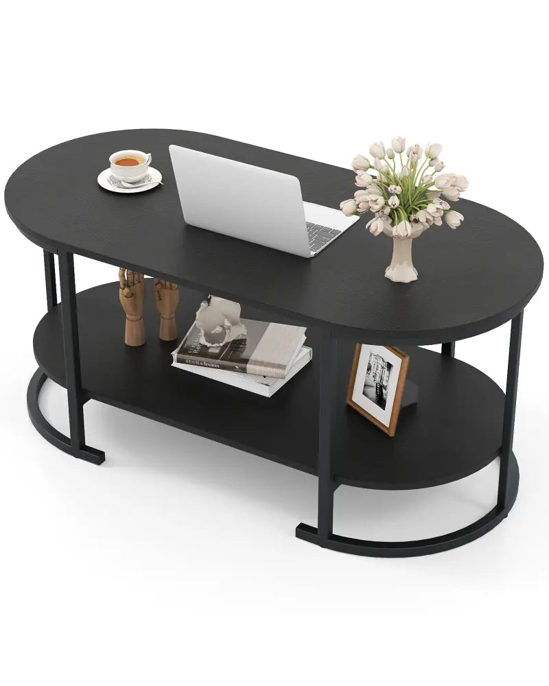 Oval Coffee Table 2-Tier Wooden Accent Table with Spacious Tabletop and Open Storage Shelf-Black - Black - Coffee Tables