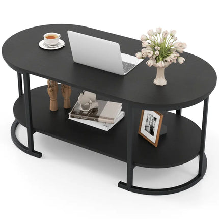 Oval Coffee Table 2-Tier Wooden Accent Table with Spacious Tabletop and Open Storage Shelf-Black - Black - Coffee Tables