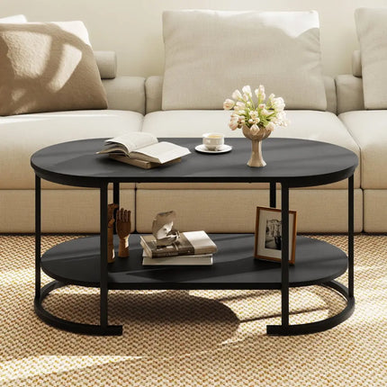 Oval Coffee Table 2-Tier Wooden Accent Table with Spacious Tabletop and Open Storage Shelf-Black - Black - Coffee Tables