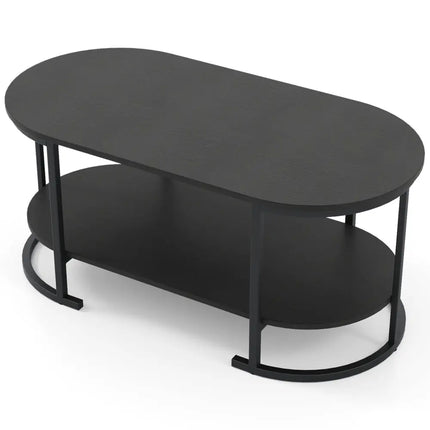 Oval Coffee Table 2-Tier Wooden Accent Table with Spacious Tabletop and Open Storage Shelf-Black - Black - Coffee Tables