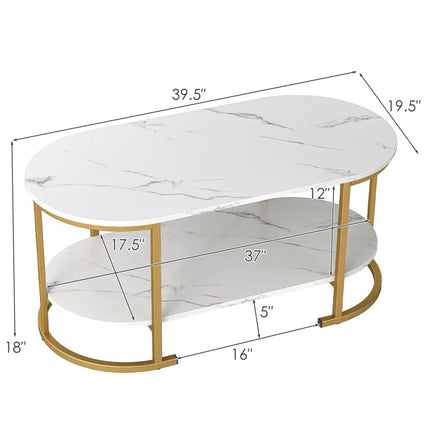 Oval Coffee Table 2-Tier Wooden Accent Table with Spacious Tabletop and Open Storage Shelf-White - White - Coffee Tables