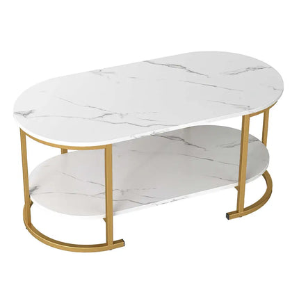 Oval Coffee Table 2-Tier Wooden Accent Table with Spacious Tabletop and Open Storage Shelf-White - White - Coffee Tables