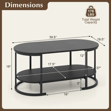 Oval Coffee Table 2-Tier Wooden Accent Table with Spacious Tabletop and Open Storage Shelf-Black - Black - Coffee Tables