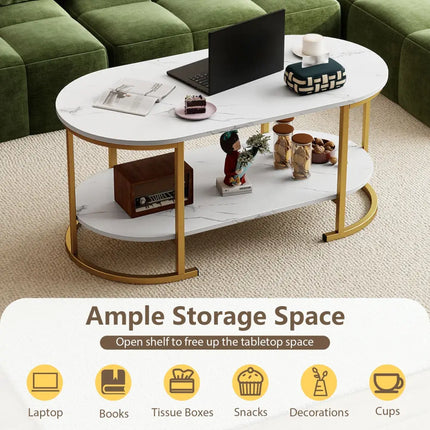 Oval Coffee Table 2-Tier Wooden Accent Table with Spacious Tabletop and Open Storage Shelf-White - White - Coffee Tables