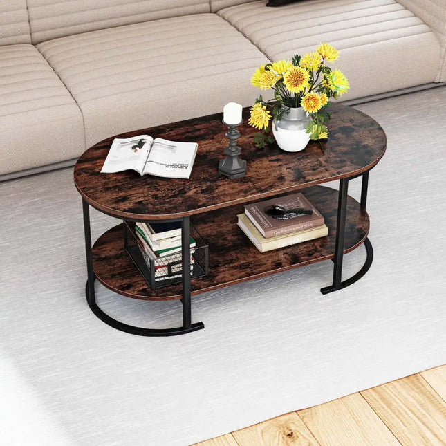 Oval Coffee Table 2-Tier Wooden Accent Table with Spacious Tabletop and Open Storage Shelf-Rustic Brown - Rustic Brown