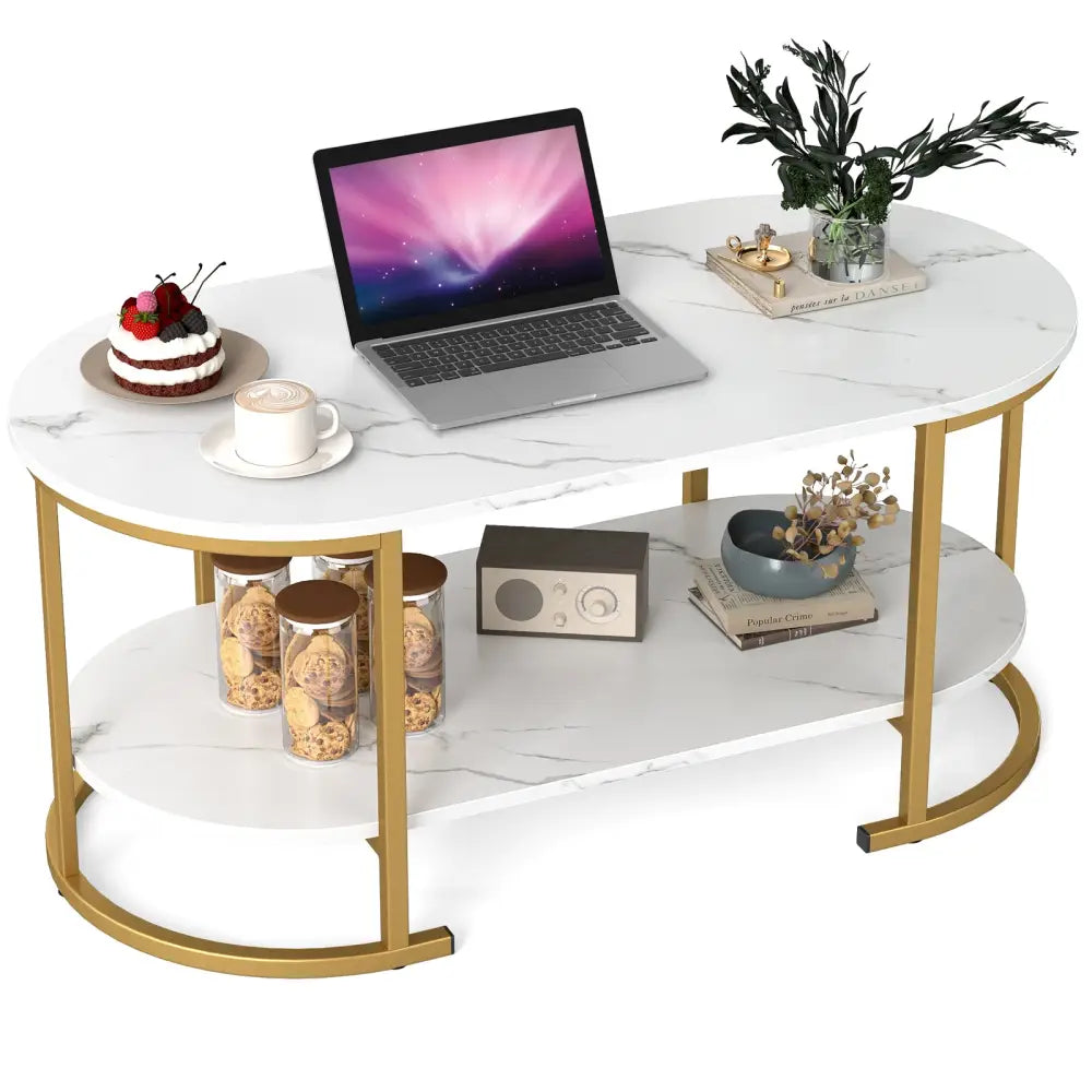 Oval Coffee Table 2-Tier Wooden Accent Table with Spacious Tabletop and Open Storage Shelf-White - White - Coffee Tables