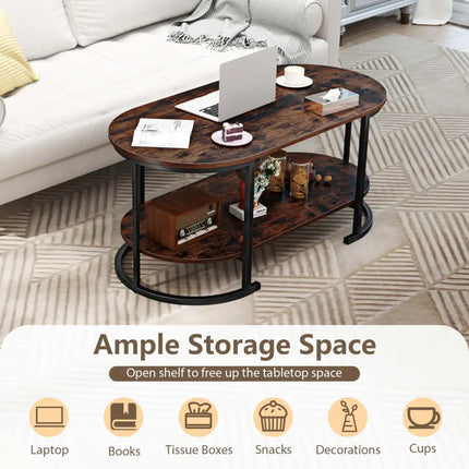 Oval Coffee Table 2-Tier Wooden Accent Table with Spacious Tabletop and Open Storage Shelf-Rustic Brown - Rustic Brown