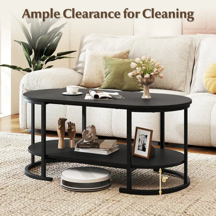 Oval Coffee Table 2-Tier Wooden Accent Table with Spacious Tabletop and Open Storage Shelf-Black - Black - Coffee Tables