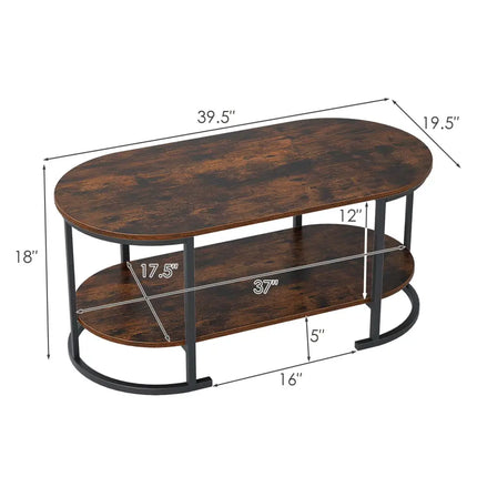 Oval Coffee Table 2-Tier Wooden Accent Table with Spacious Tabletop and Open Storage Shelf-Rustic Brown - Rustic Brown