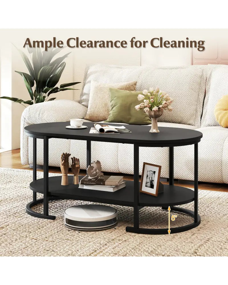 Oval Coffee Table 2-Tier Wooden Accent Table with Spacious Tabletop and Open Storage Shelf-Black - Black - Coffee Tables