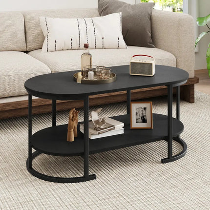 Oval Coffee Table 2-Tier Wooden Accent Table with Spacious Tabletop and Open Storage Shelf-Black - Black - Coffee Tables