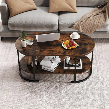 Oval Coffee Table 2-Tier Wooden Accent Table with Spacious Tabletop and Open Storage Shelf-Rustic Brown - Rustic Brown