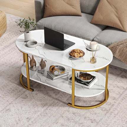 Oval Coffee Table 2-Tier Wooden Accent Table with Spacious Tabletop and Open Storage Shelf-White - White - Coffee Tables