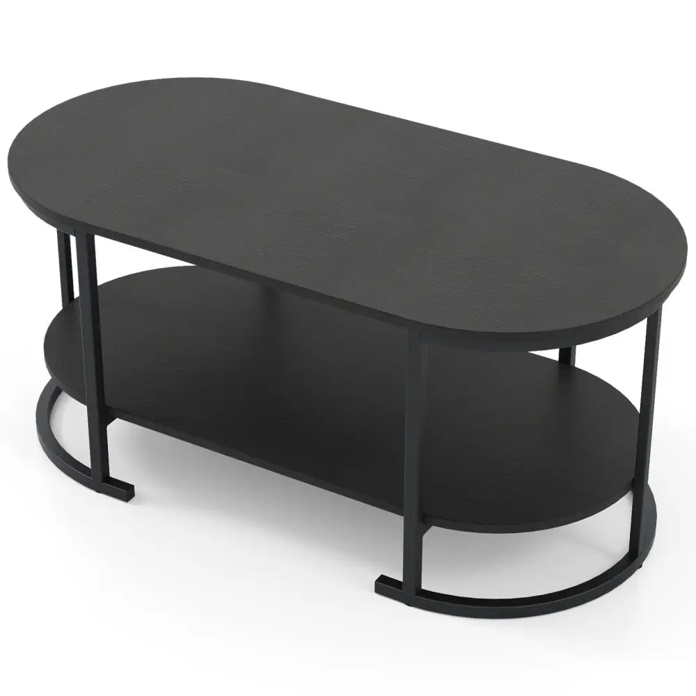 Oval Coffee Table 2-Tier Wooden Accent Table with Spacious Tabletop and Open Storage Shelf-Black - Black - Coffee Tables