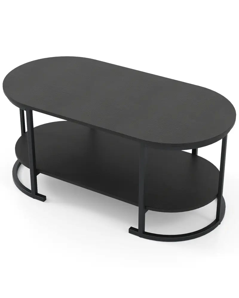Oval Coffee Table 2-Tier Wooden Accent Table with Spacious Tabletop and Open Storage Shelf-Black - Black - Coffee Tables